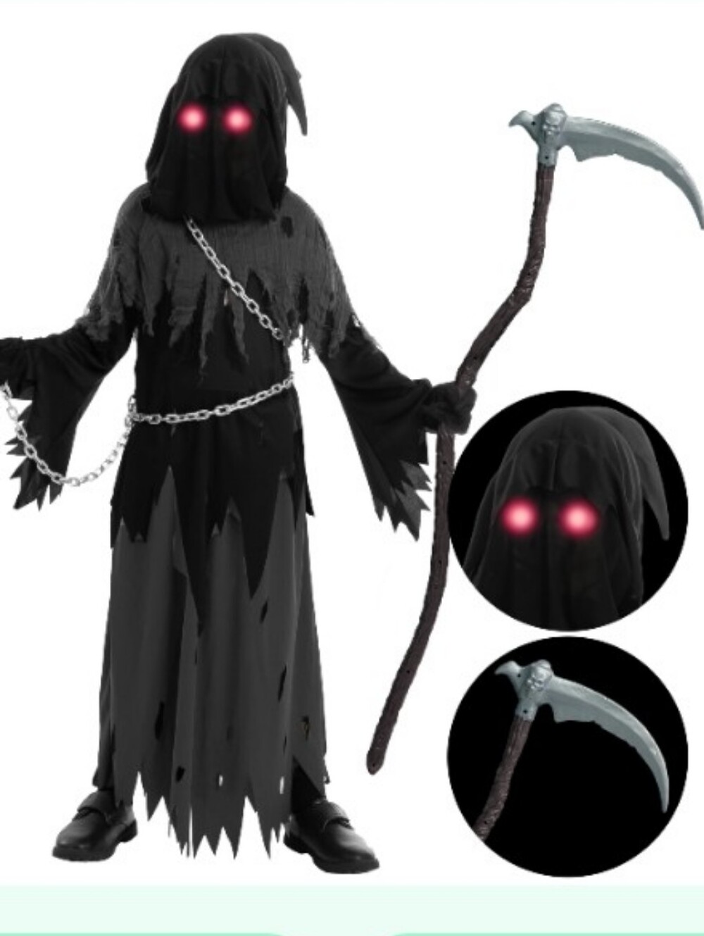 Kids Black Grim Reaper Costume with Glowing Eyes